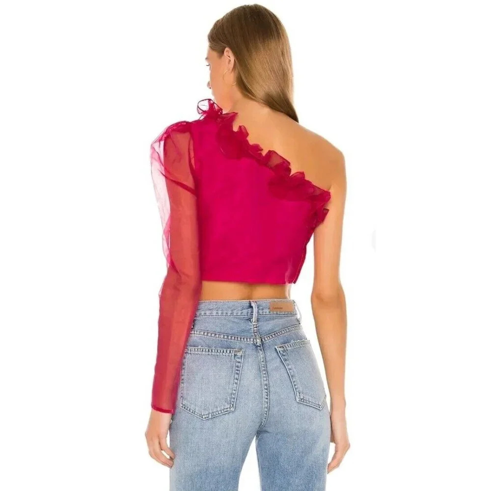 Lovers + Friends Bernice Hot Pink Ruffle Sheer One Shoulder Blouse Crop Top XXS - Picture 2 of 10
